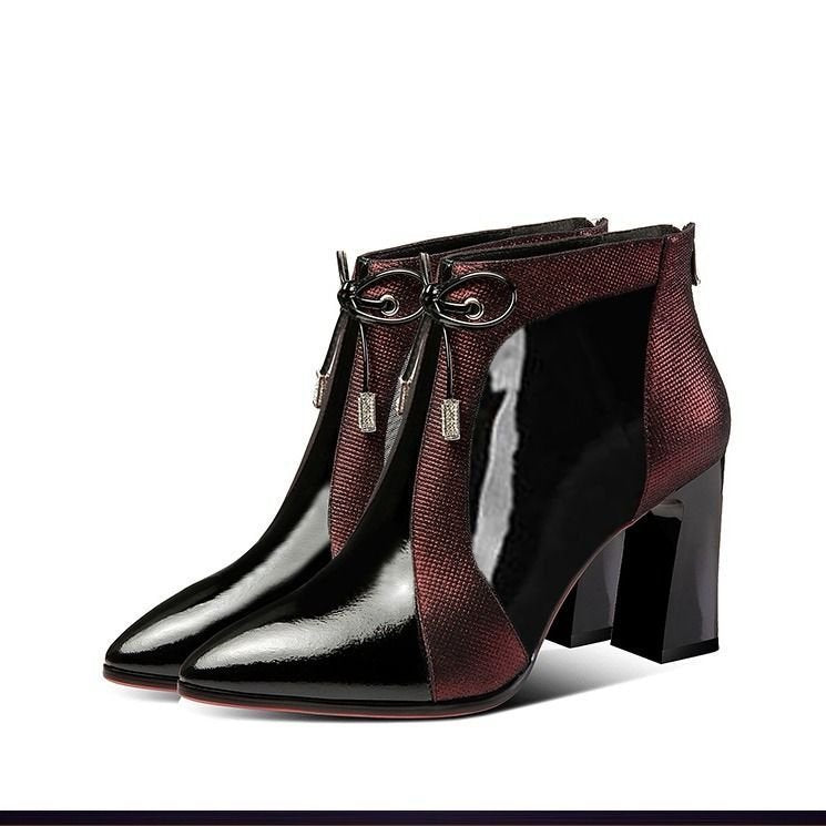 Women's pointed-toe ankle boots with glossy panels and high block heels