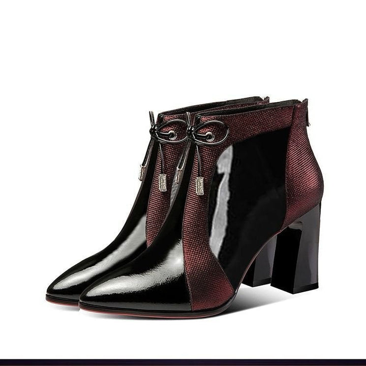 Women's pointed-toe ankle boots with glossy panels and high block heels