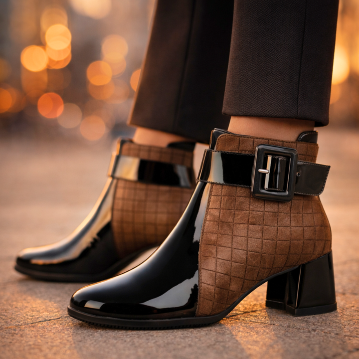 Quilted ankle boots with buckle strap and block heel