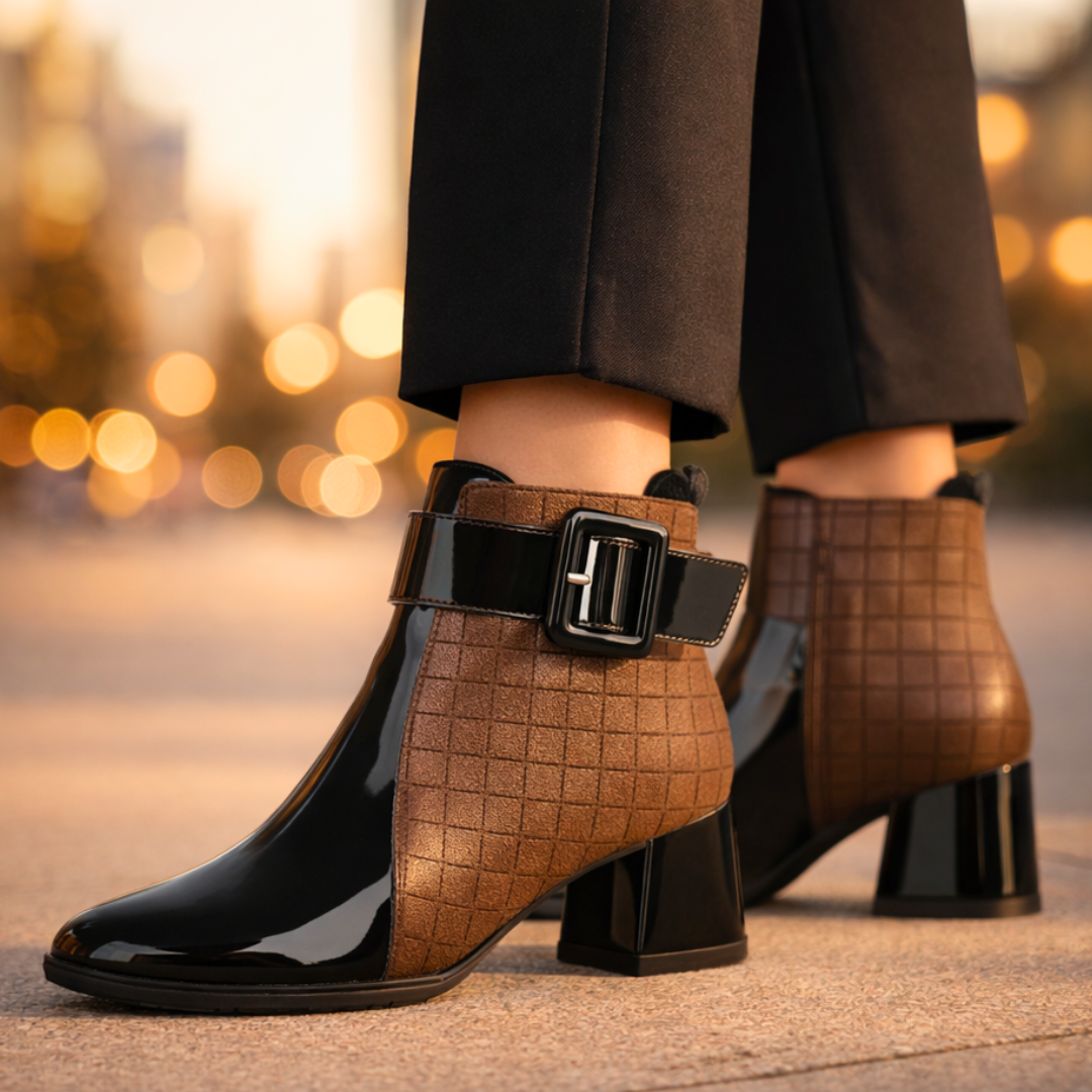 Quilted ankle boots with buckle strap and block heel