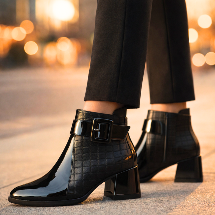 Quilted ankle boots with buckle strap and block heel