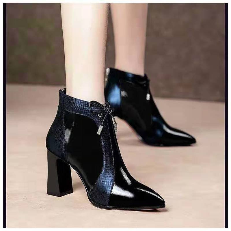 Women's pointed-toe ankle boots with glossy panels and high block heels