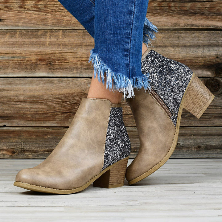 Women's ankle boots with glitter side panels and chunky block heels
