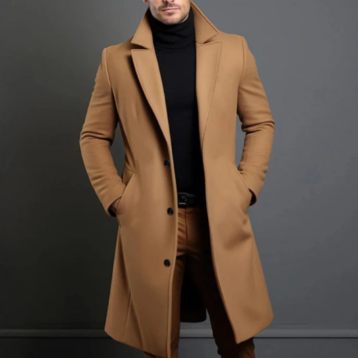 Men's long tailored overcoat with notched lapels, buttons and side pockets