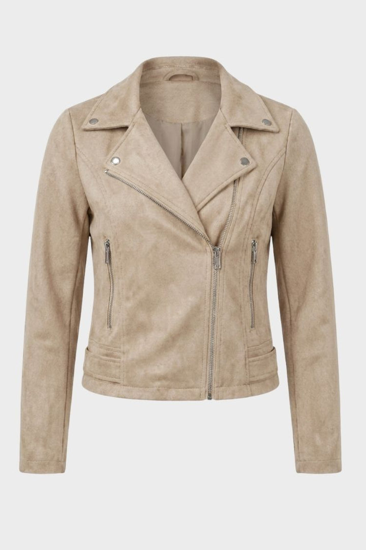 Women's cropped biker jacket with notched lapels, long sleeves and zipped pockets