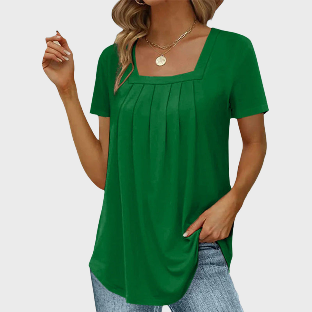 Women's square neck pleated short sleeve blouse in white and green