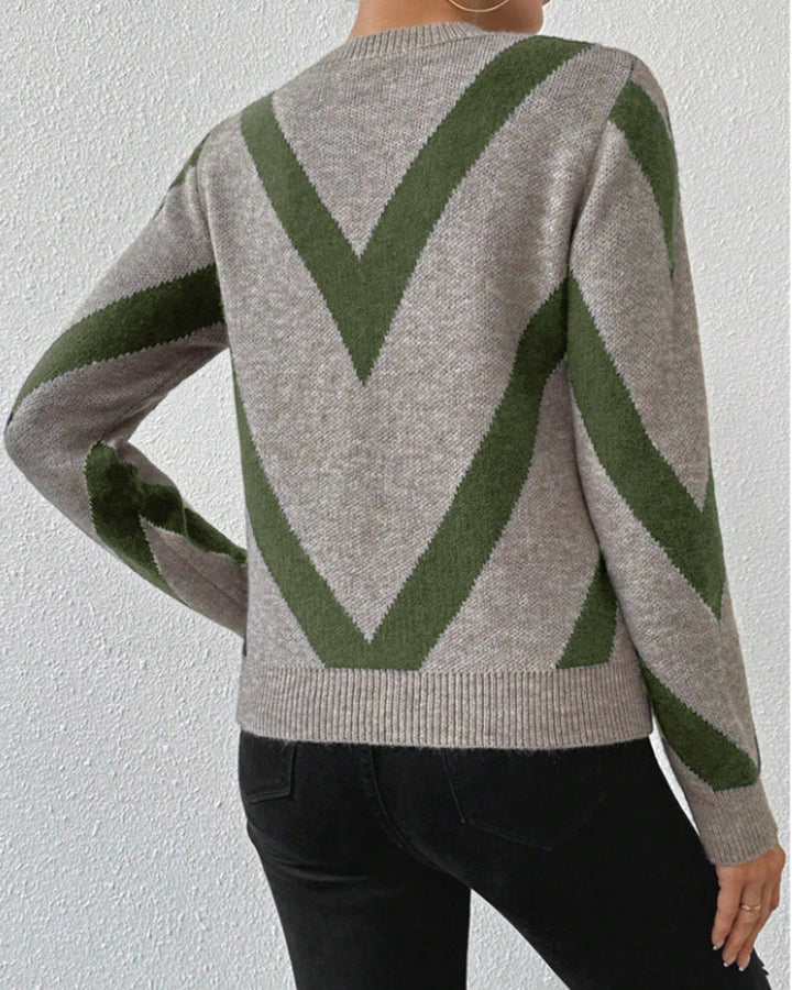 Women's geometric patterned crew neck jumper with long sleeves and ribbed trims