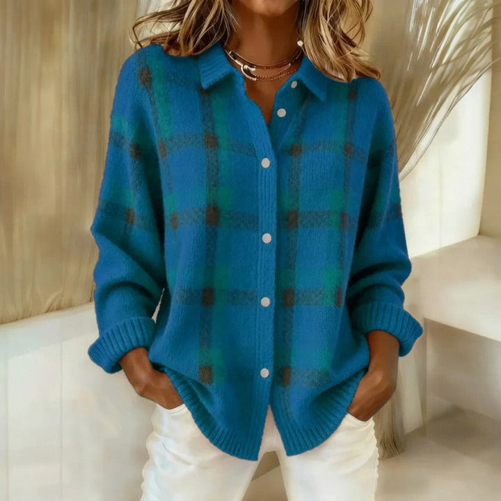 Women's checked collared knit sweater with button front
