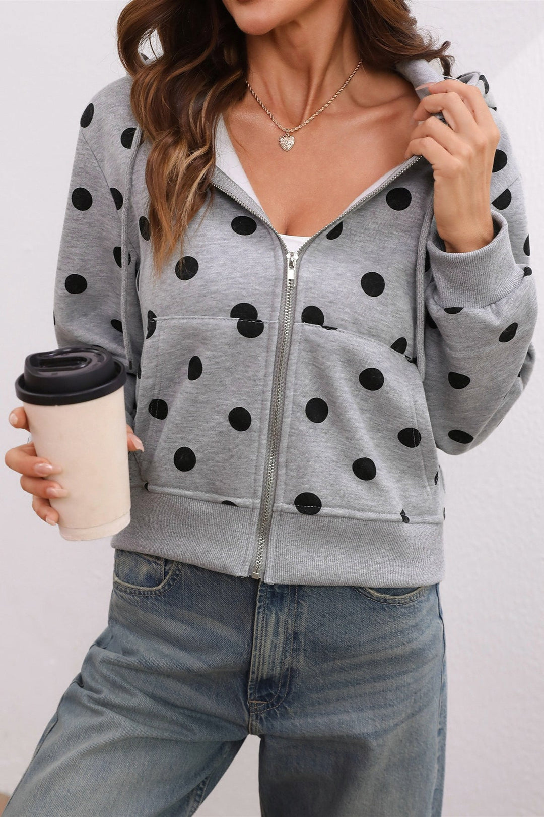Women's cropped polka dot zip hoodie with hood and long sleeves