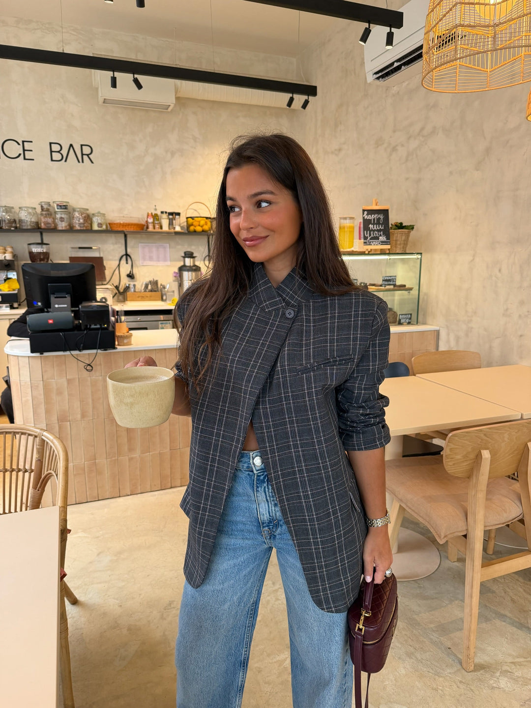 Women's pink plaid tweed blazer with double-breasted buttons and flap pockets