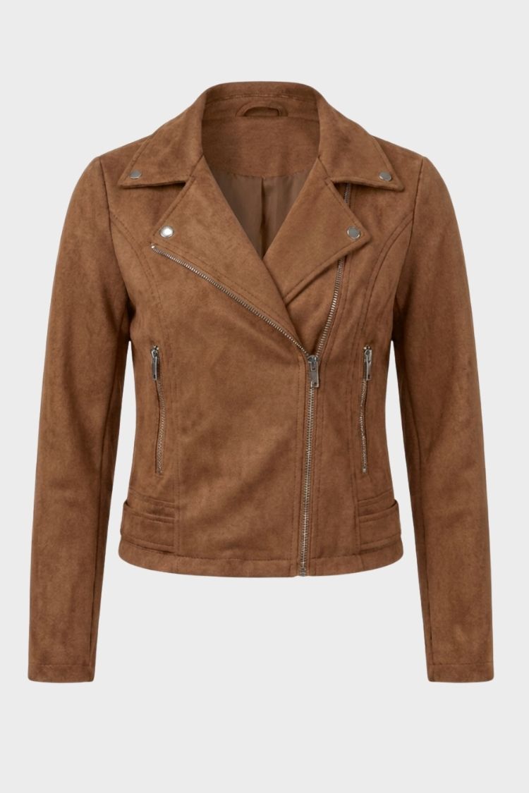 Women's cropped biker jacket with notched lapels, long sleeves and zipped pockets
