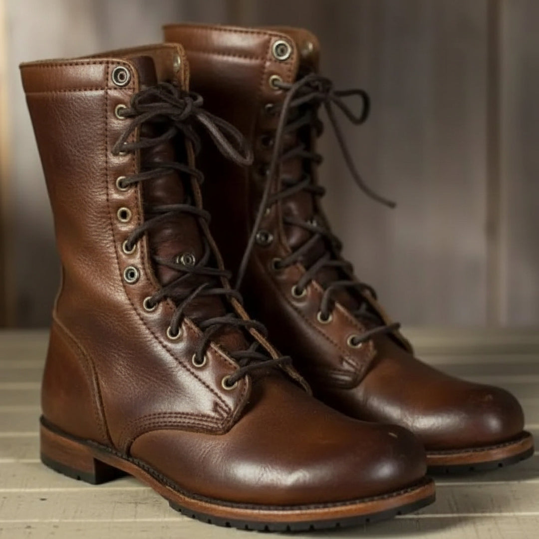 Women's lace-up combat boots with round toes and low heels