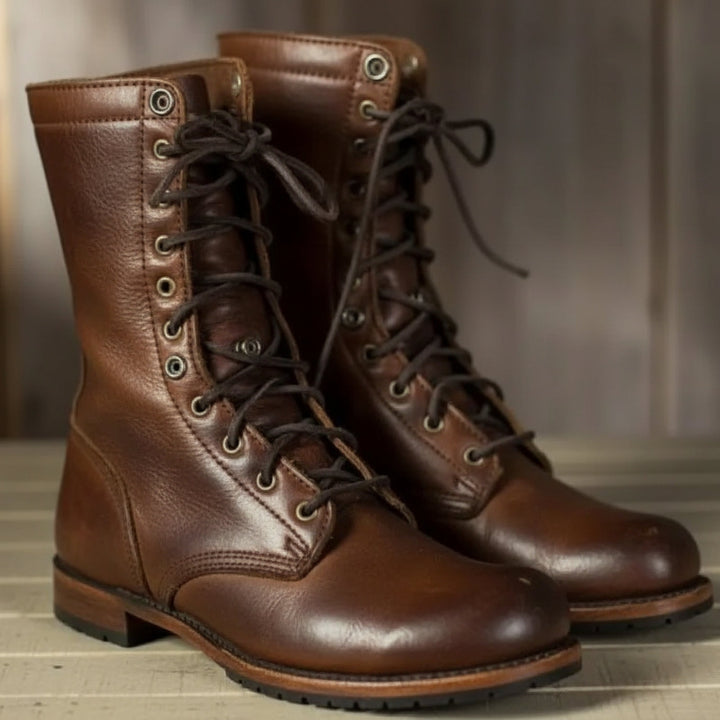 Women's lace-up combat boots with round toes and low heels