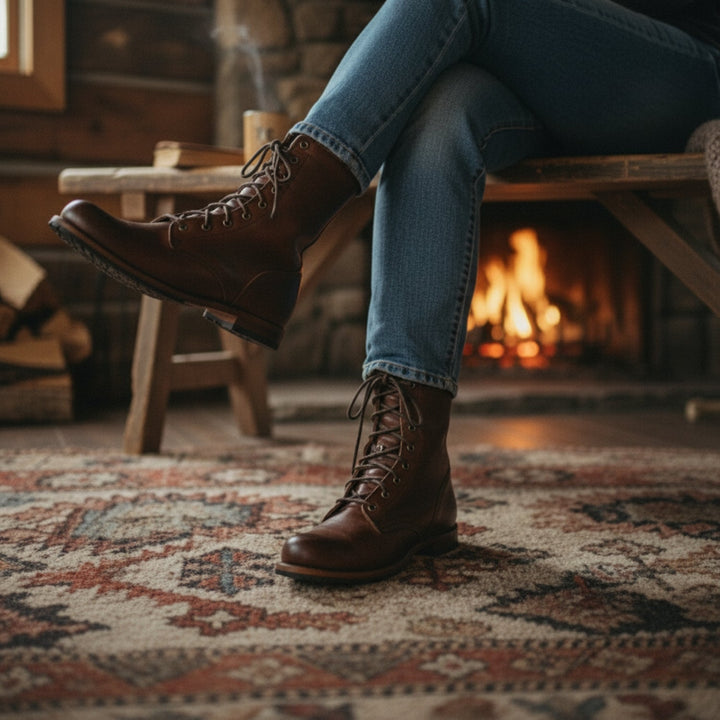Women's lace-up combat boots with round toes and low heels