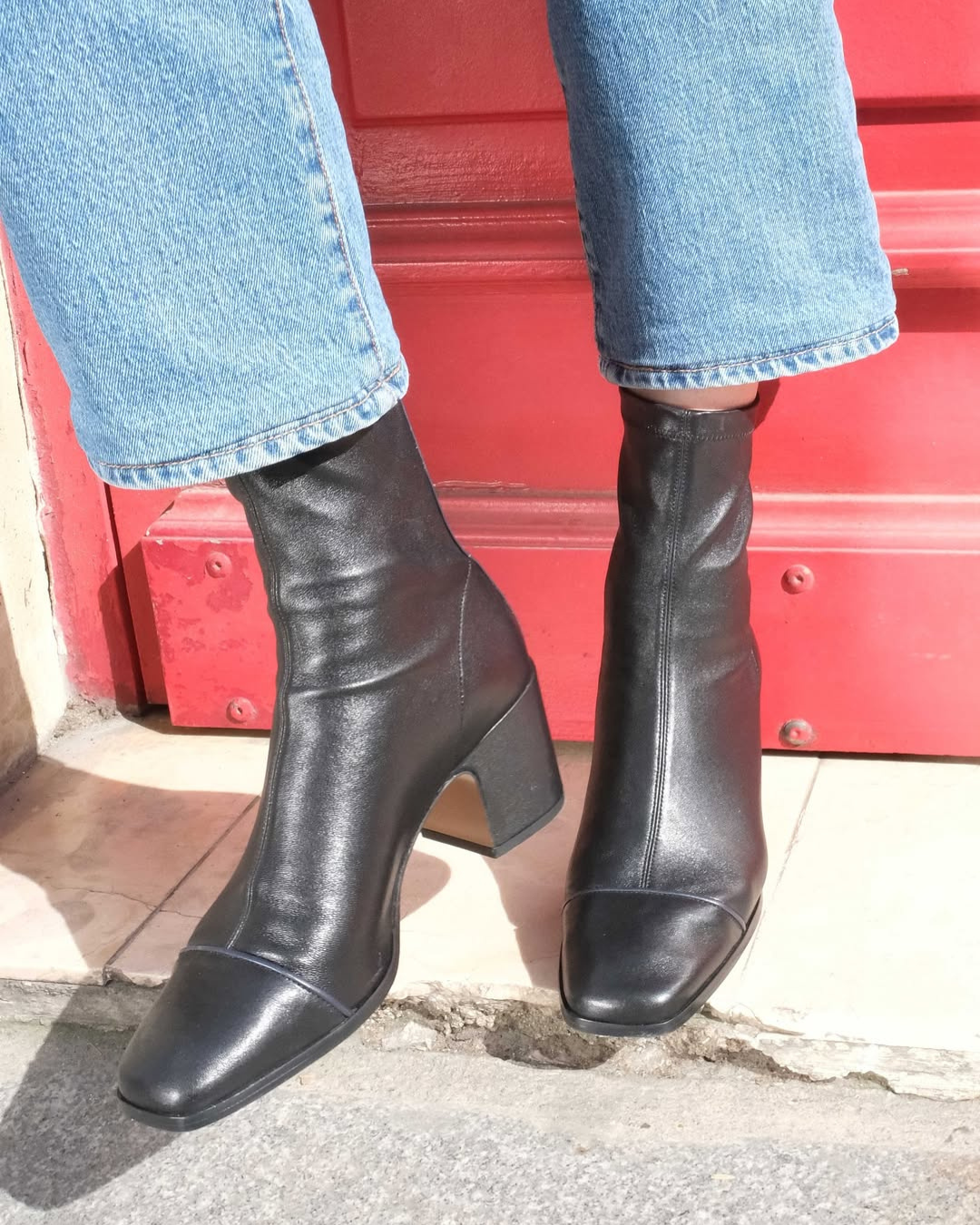 Women's black square toe ankle boots with low block heels and side zippers