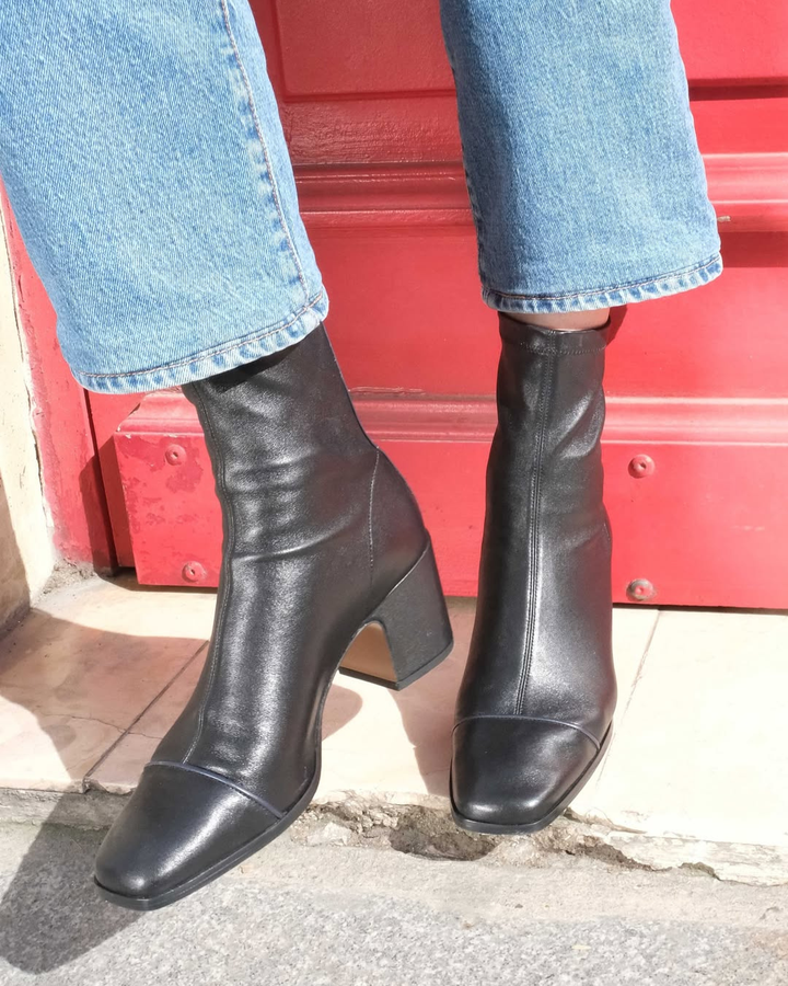 Women's black square toe ankle boots with low block heels and side zippers