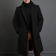 Men's long tailored overcoat with notched lapels, buttons and side pockets