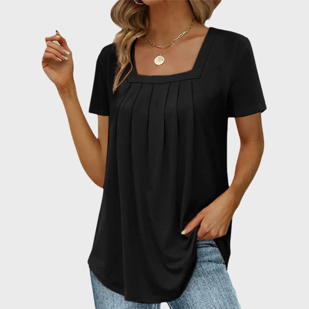Women's square neck pleated short sleeve blouse in white and green