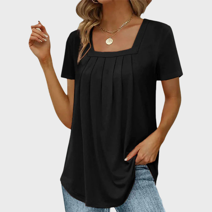 Women's square neck pleated short sleeve blouse in white and green