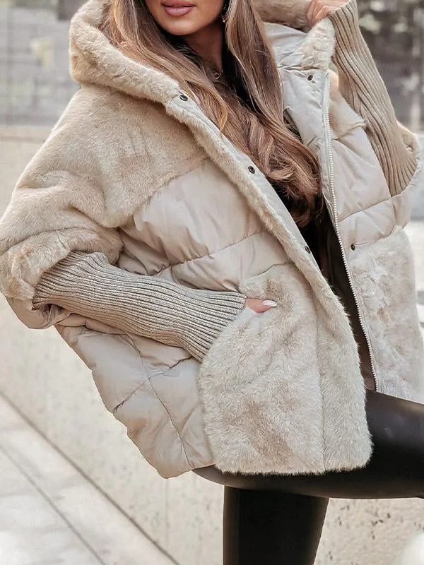 Women's hooded padded jacket with faux fur trim