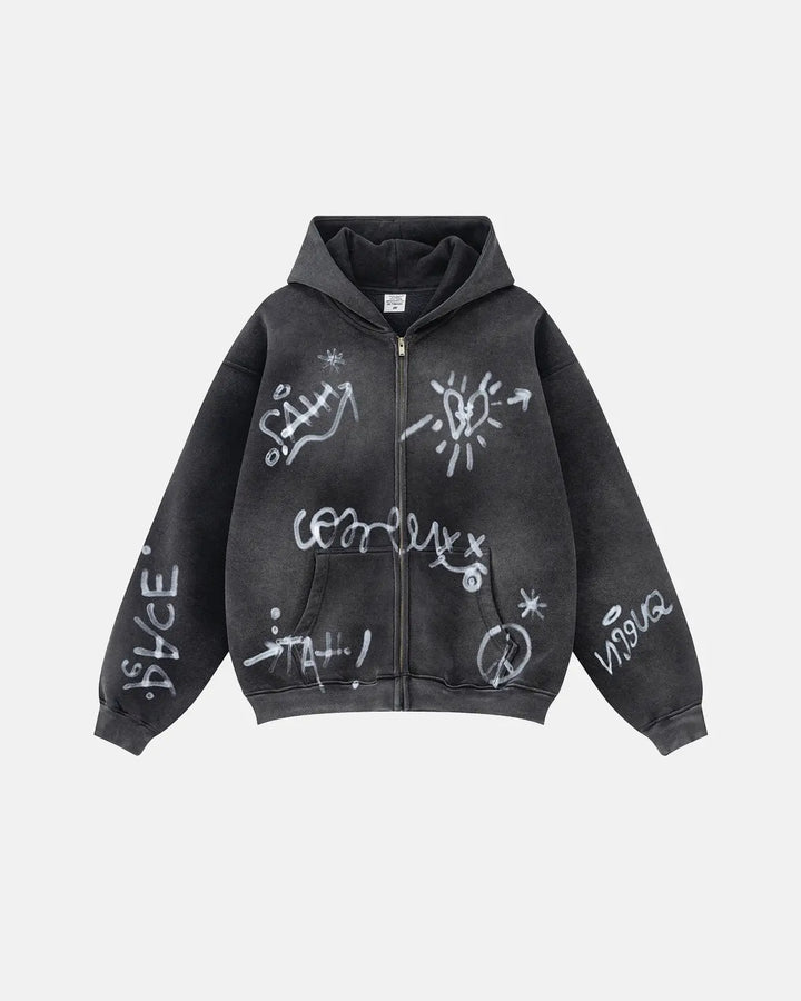 Washed zip-up hoodie with graffiti-style lettering and front pockets