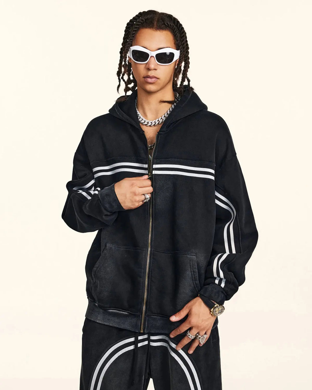 Men's black zip-up hoodie with white chest and sleeve stripes
