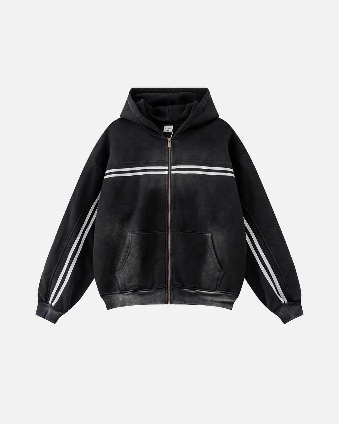Men's black zip-up hoodie with white chest and sleeve stripes