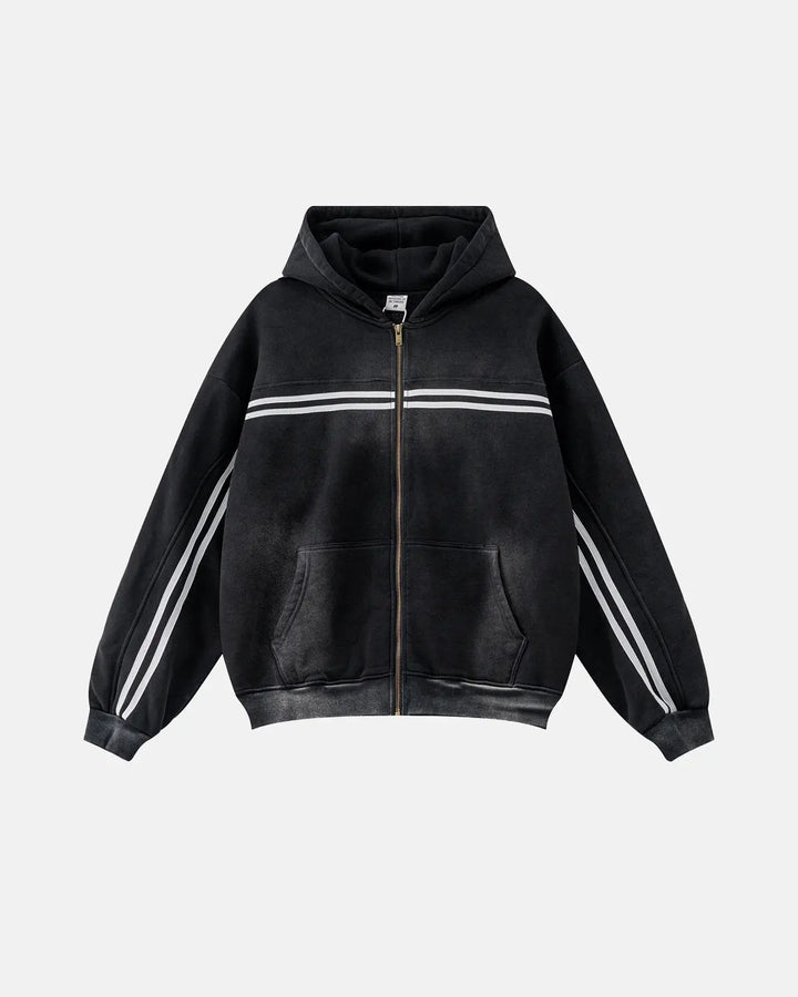 Men's black zip-up hoodie with white chest and sleeve stripes