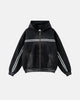 Men's black zip-up hoodie with white chest and sleeve stripes