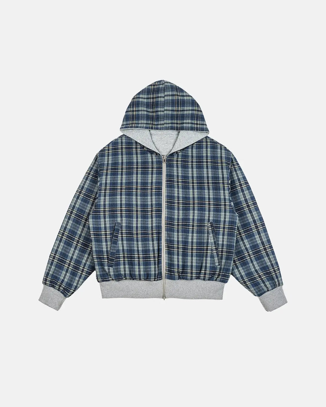 Men's grey reversible hooded jacket with plaid lining and front zip