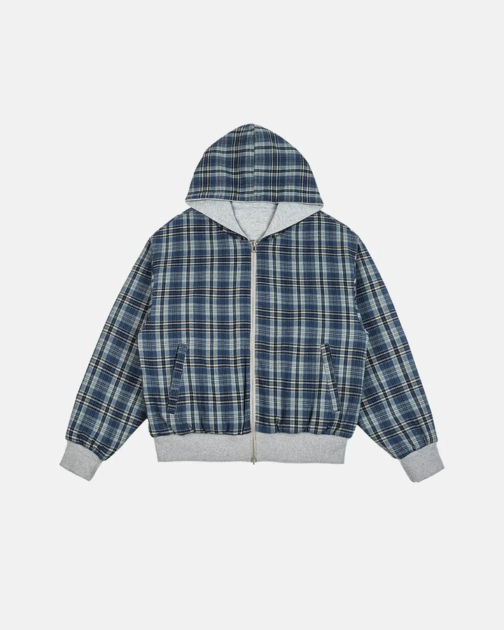 Men's grey reversible hooded jacket with plaid lining and front zip