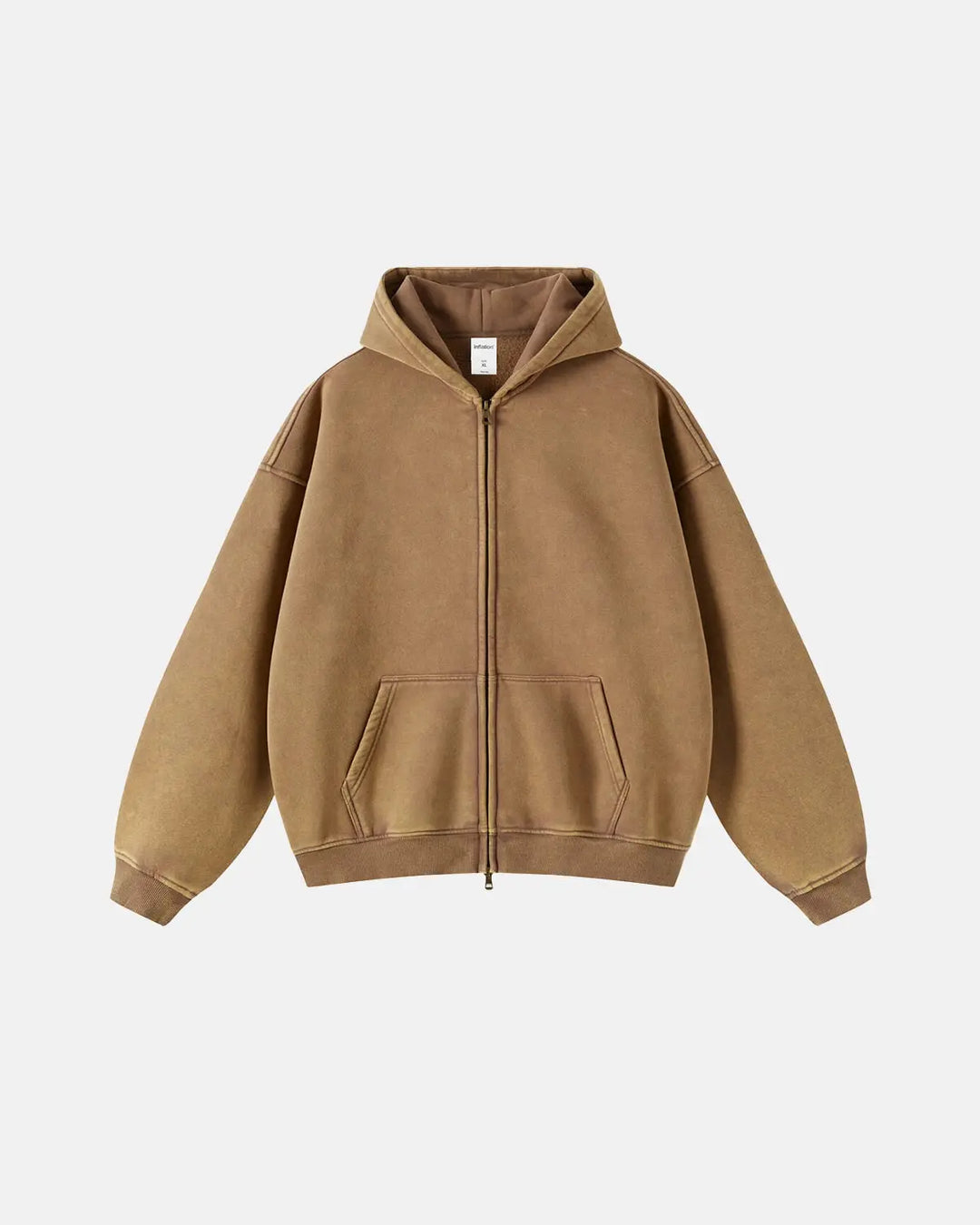 Washed distressed zip-up hoodies with hoods, long sleeves and front pouch pockets