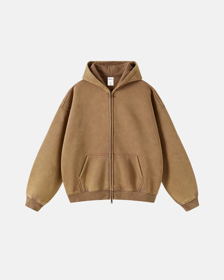 Washed distressed zip-up hoodies with hoods, long sleeves and front pouch pockets