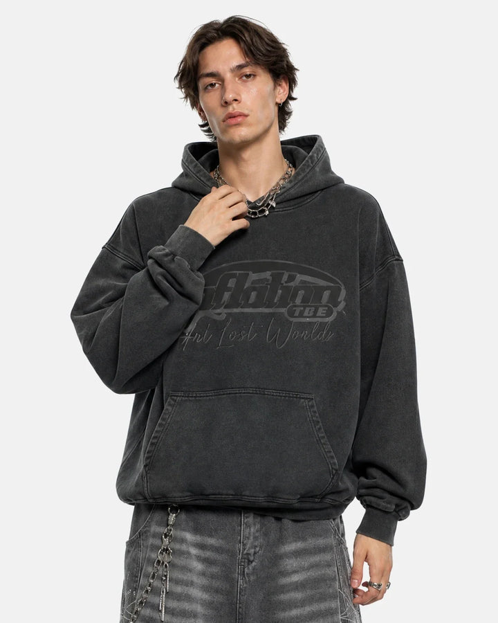 Men's dark grey graphic hoodie with hood, long sleeves and front pouch pocket