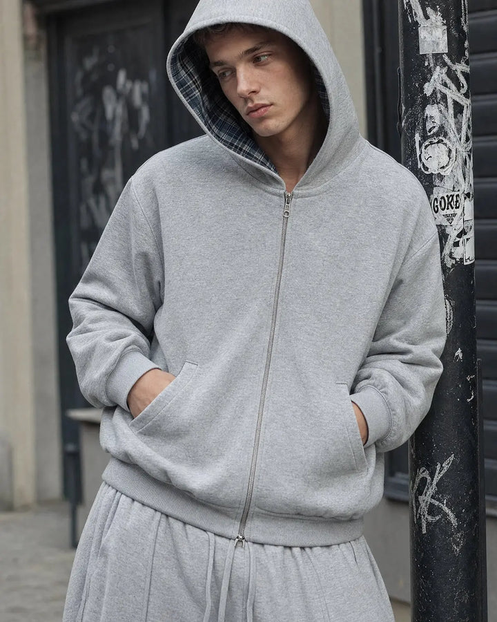 Men's grey reversible hooded jacket with plaid lining and front zip