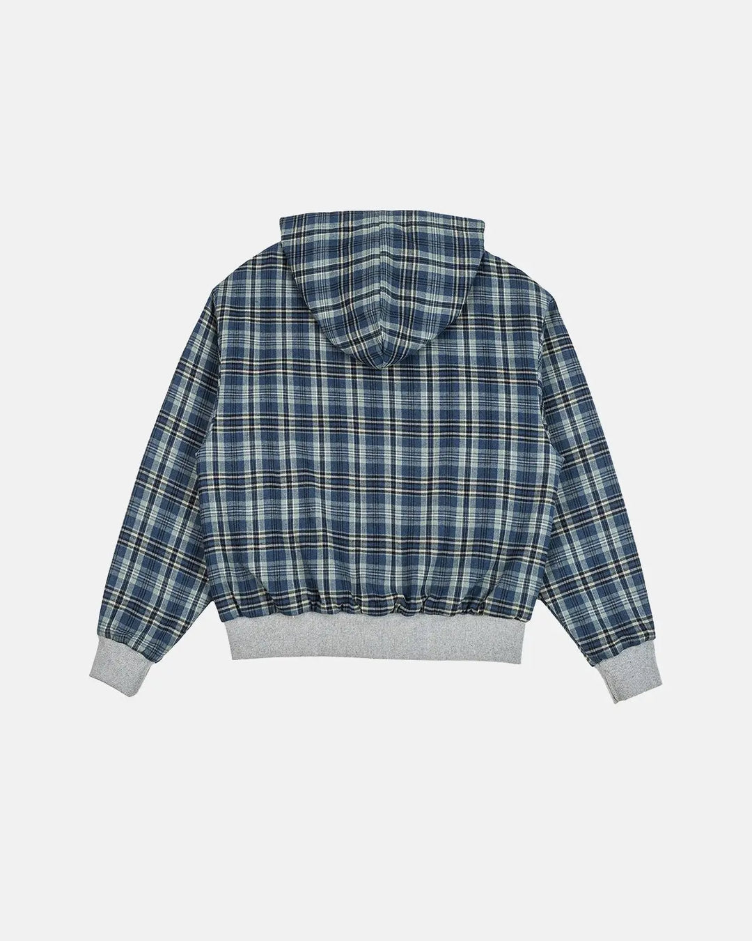 Men's grey reversible hooded jacket with plaid lining and front zip