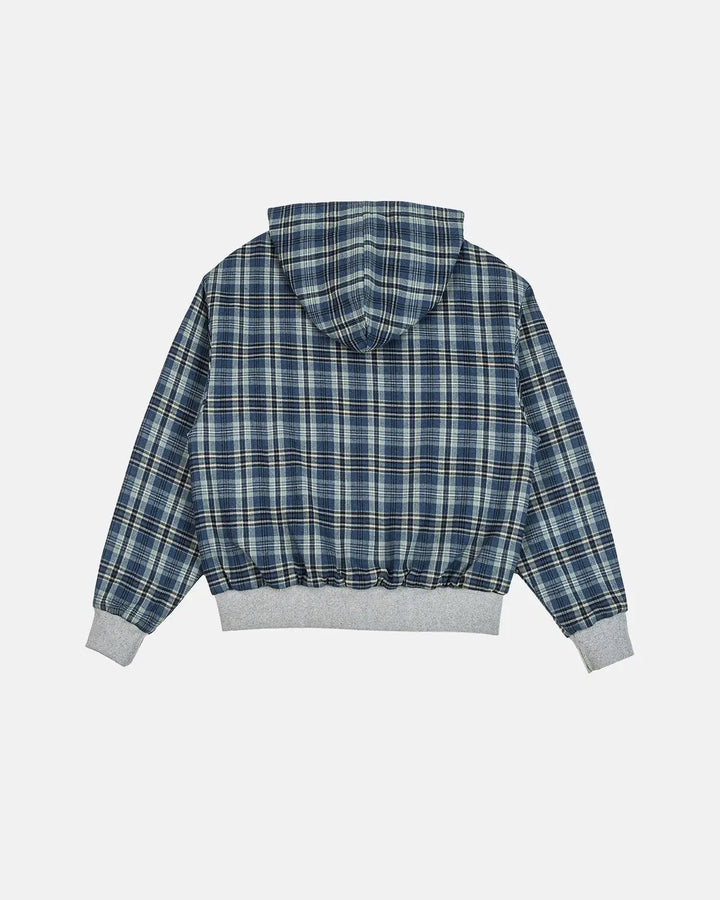 Men's grey reversible hooded jacket with plaid lining and front zip