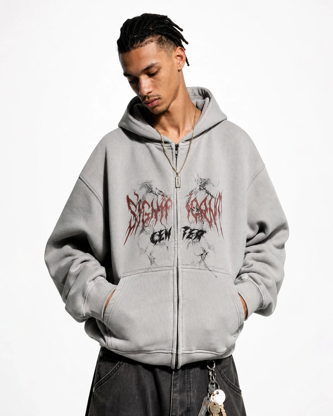 Graphic zip-up hoodie with hood and front pockets