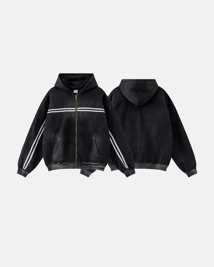 Men's black zip-up hoodie with white chest and sleeve stripes