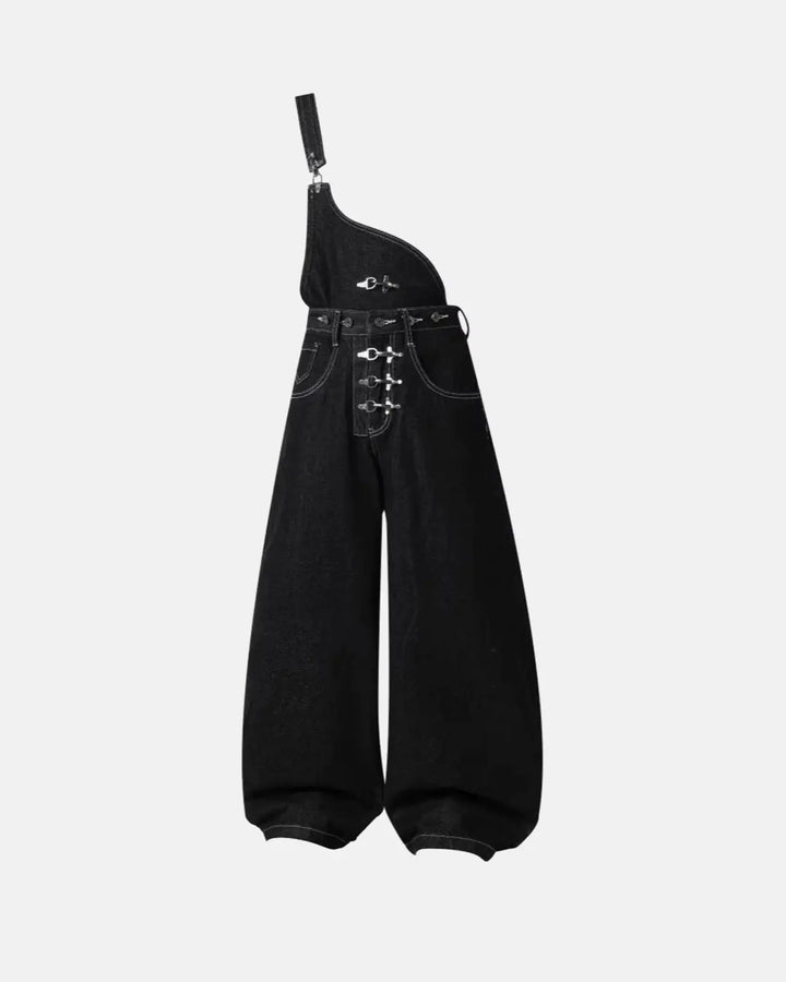Black asymmetric denim overalls with buckle details and wide legs