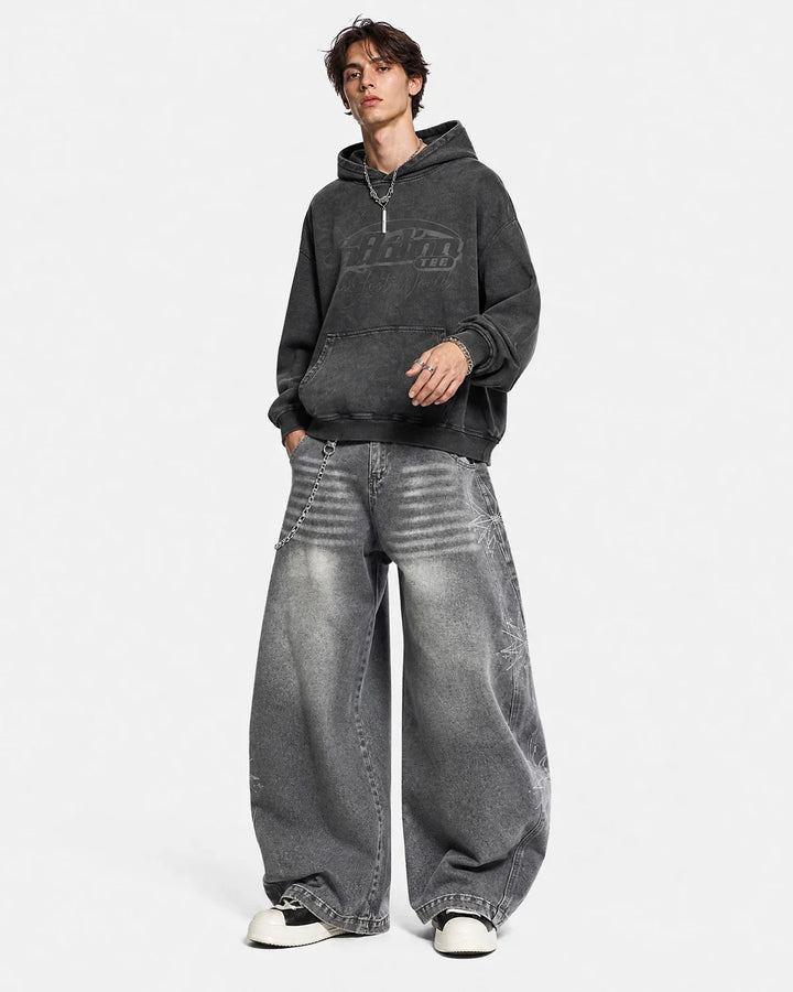 Men's dark grey graphic hoodie with hood, long sleeves and front pouch pocket