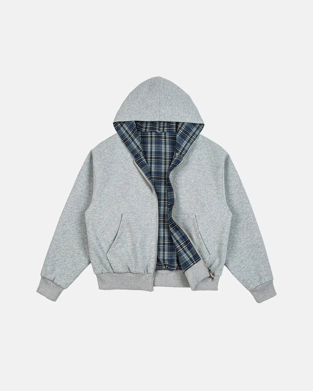 Men's grey reversible hooded jacket with plaid lining and front zip