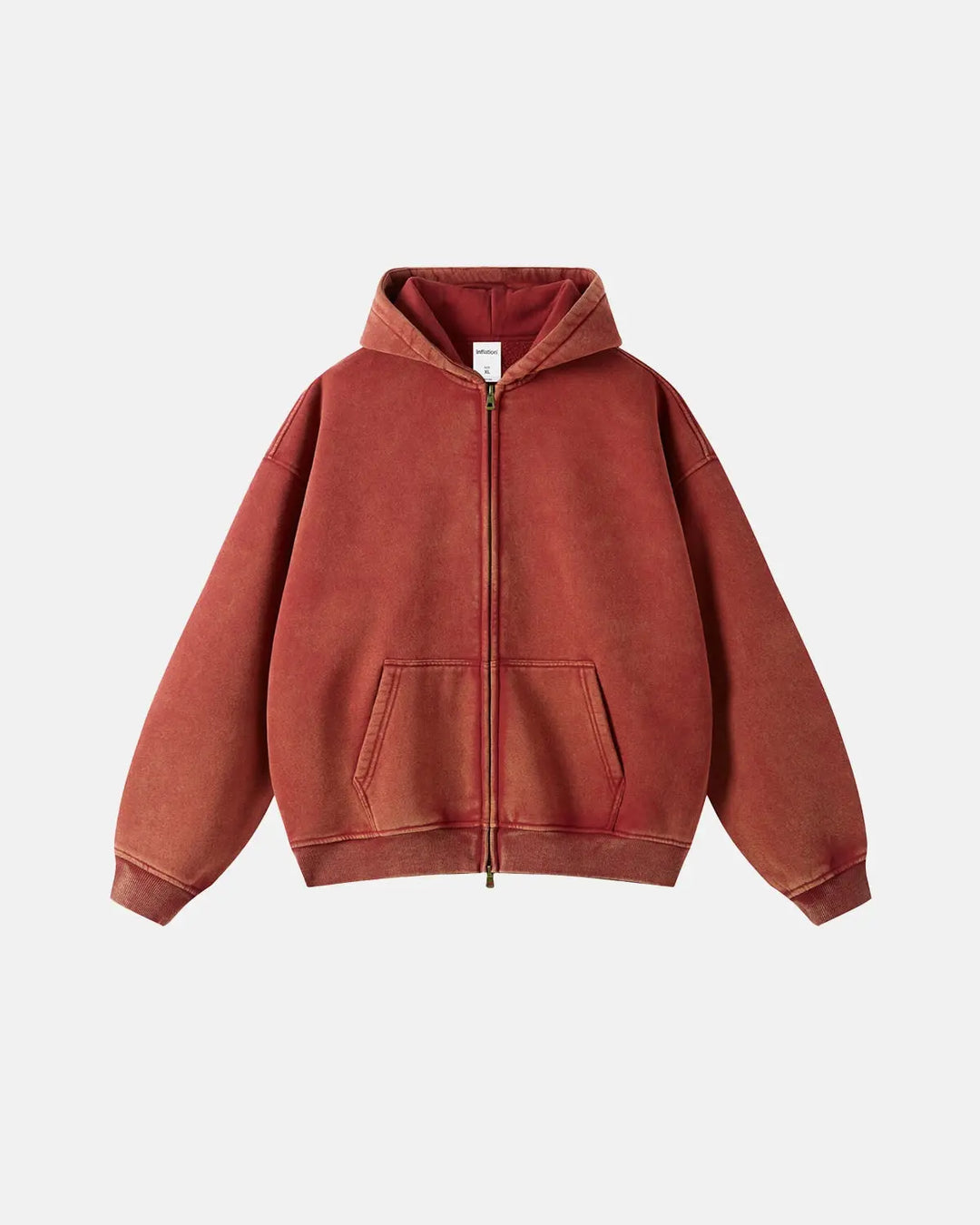 Washed distressed zip-up hoodies with hoods, long sleeves and front pouch pockets