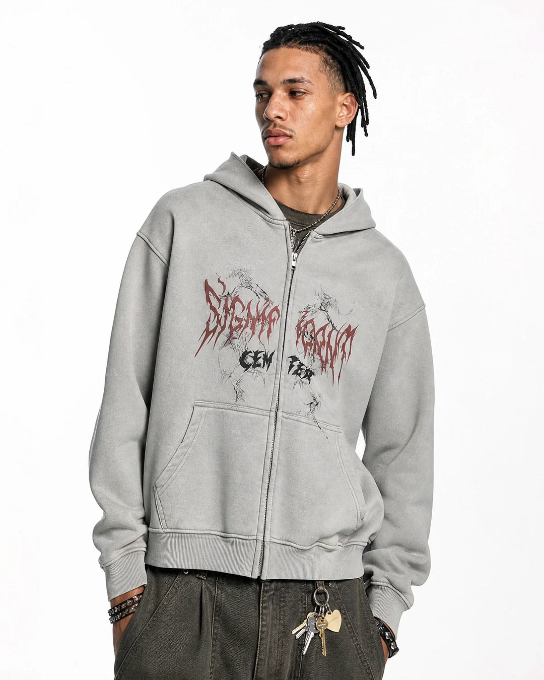 Graphic zip-up hoodie with hood and front pockets