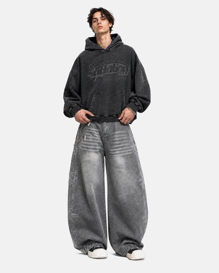 Men's dark grey graphic hoodie with hood, long sleeves and front pouch pocket