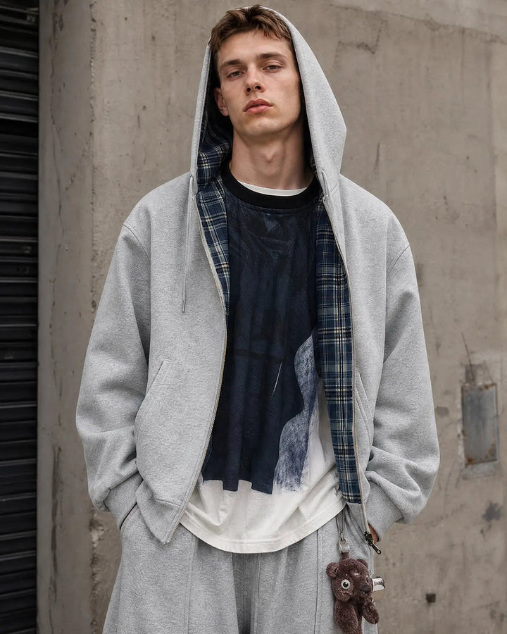 Men's grey reversible hooded jacket with plaid lining and front zip