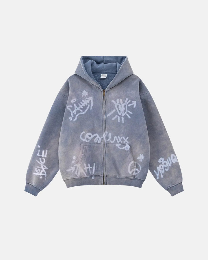 Washed zip-up hoodie with graffiti-style lettering and front pockets