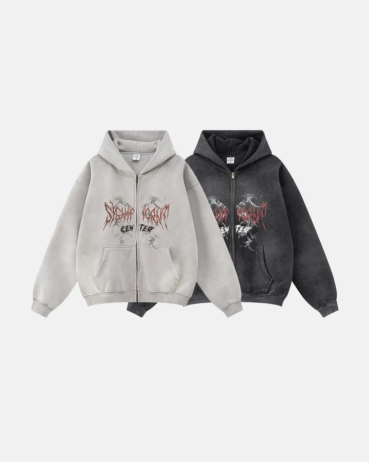 Graphic zip-up hoodie with hood and front pockets