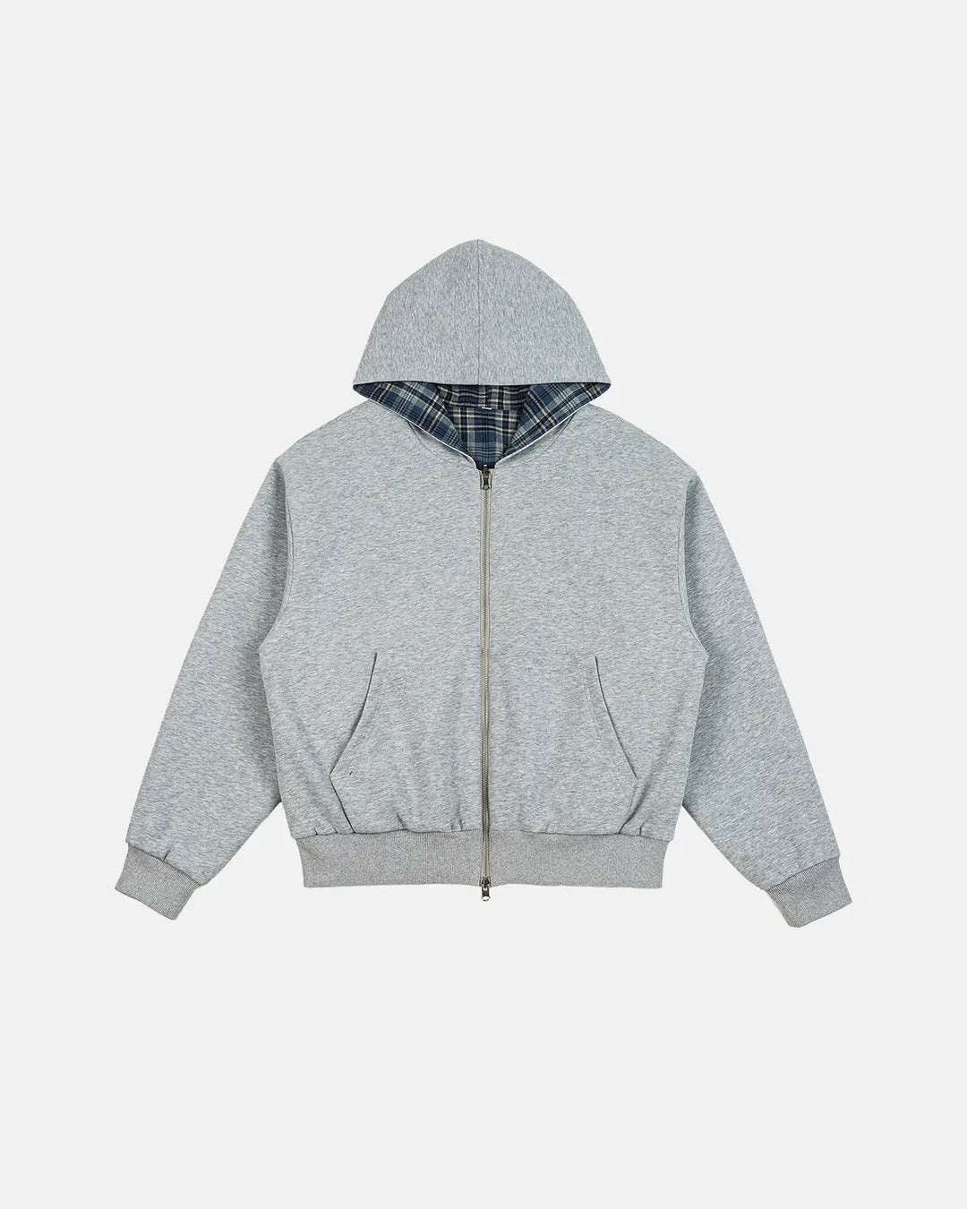 Men's grey reversible hooded jacket with plaid lining and front zip
