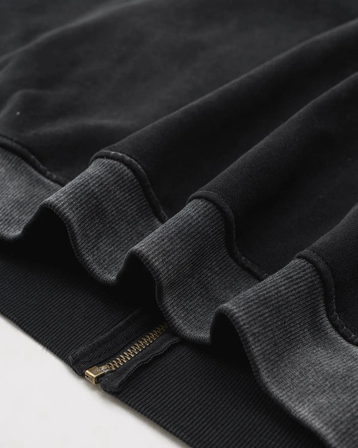 Men's black zip-up hoodie with white chest and sleeve stripes